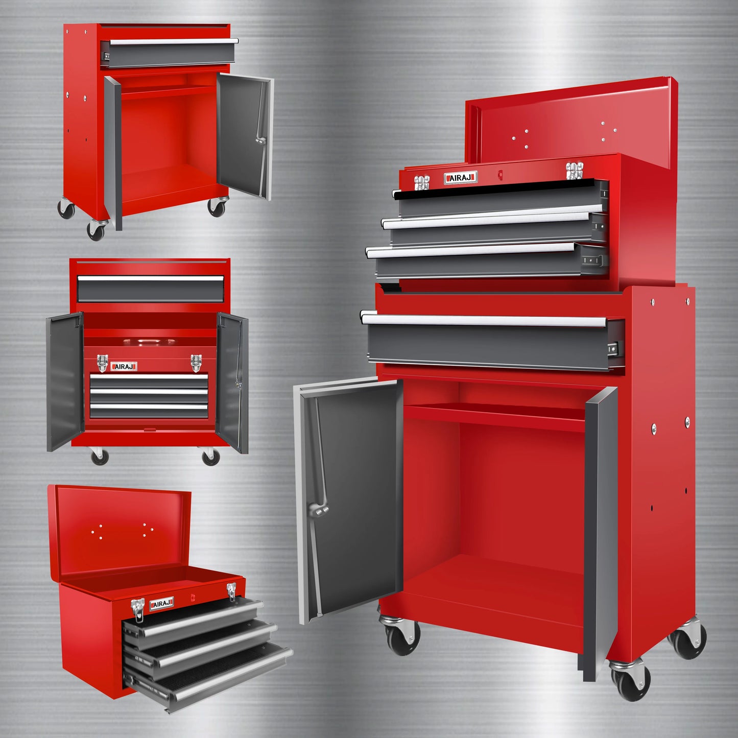 Double Door Four Drawer Rolling Tool Chest, Lockable Detachable Top Large Tool Cabinet, Padded Metal Toolbox