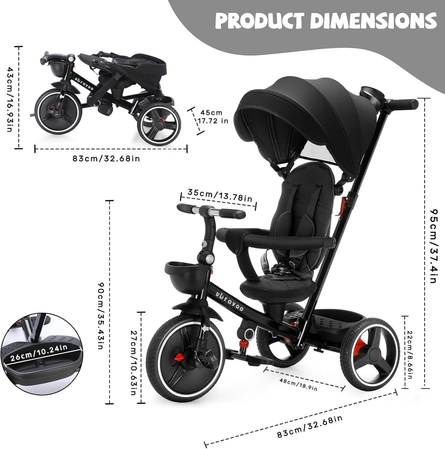 Ubravoo Baby Stroller Tricycle Ride Bike , 5-in-1, Adjustable Canopy, Sitting & Lying, Celerity Disassembly & Assembly, 1-5 Years