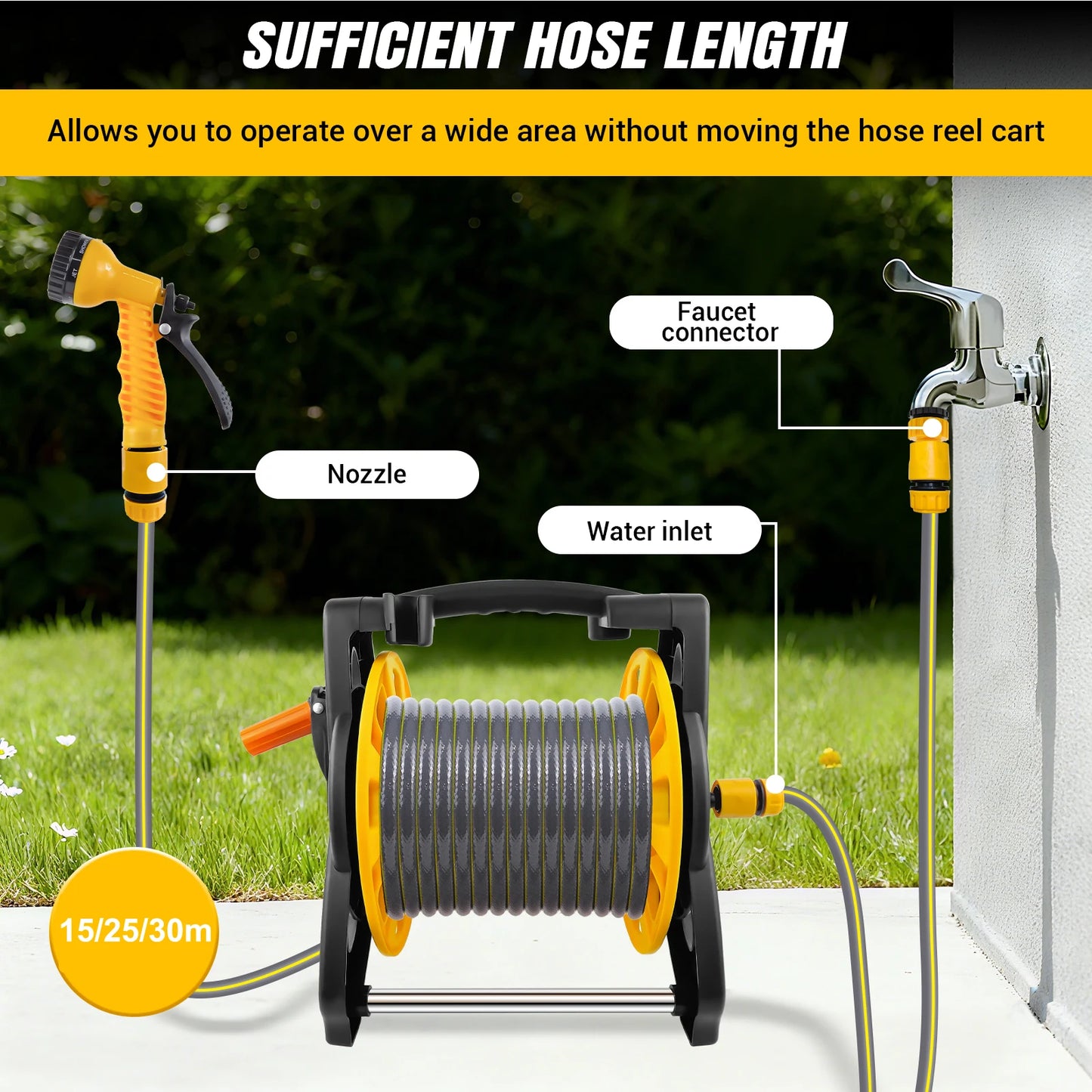 15/25/30M Garden Hose Reel Floor Standing Heavy Duty with Nozzle 7 Patterns & Fittings