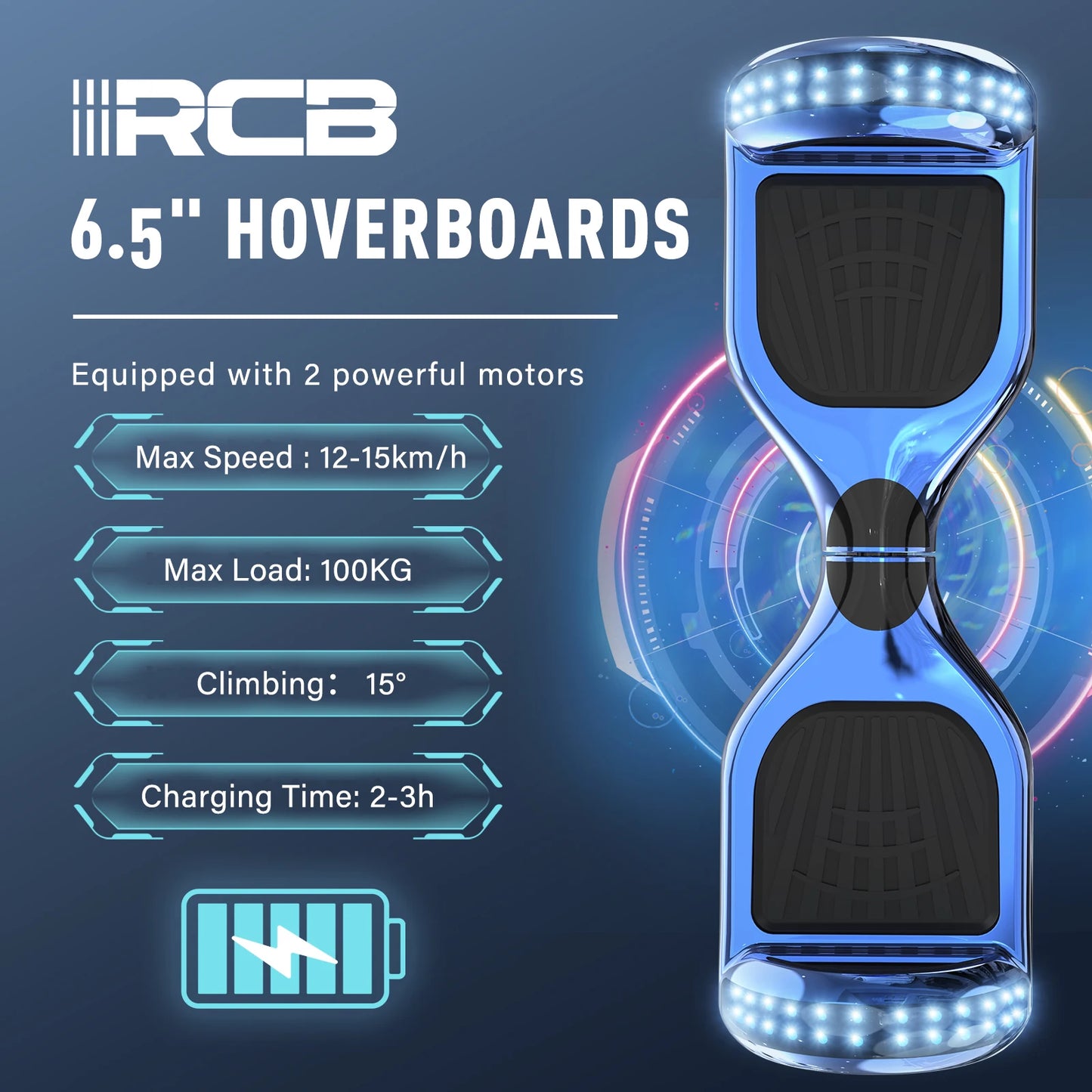 RCB 6.5-Inch Hoverboard with Go-Kart, Non-Slip Tire, LED Lights, Built-in Safety System, Electric Hoverboard for Kids & Adults