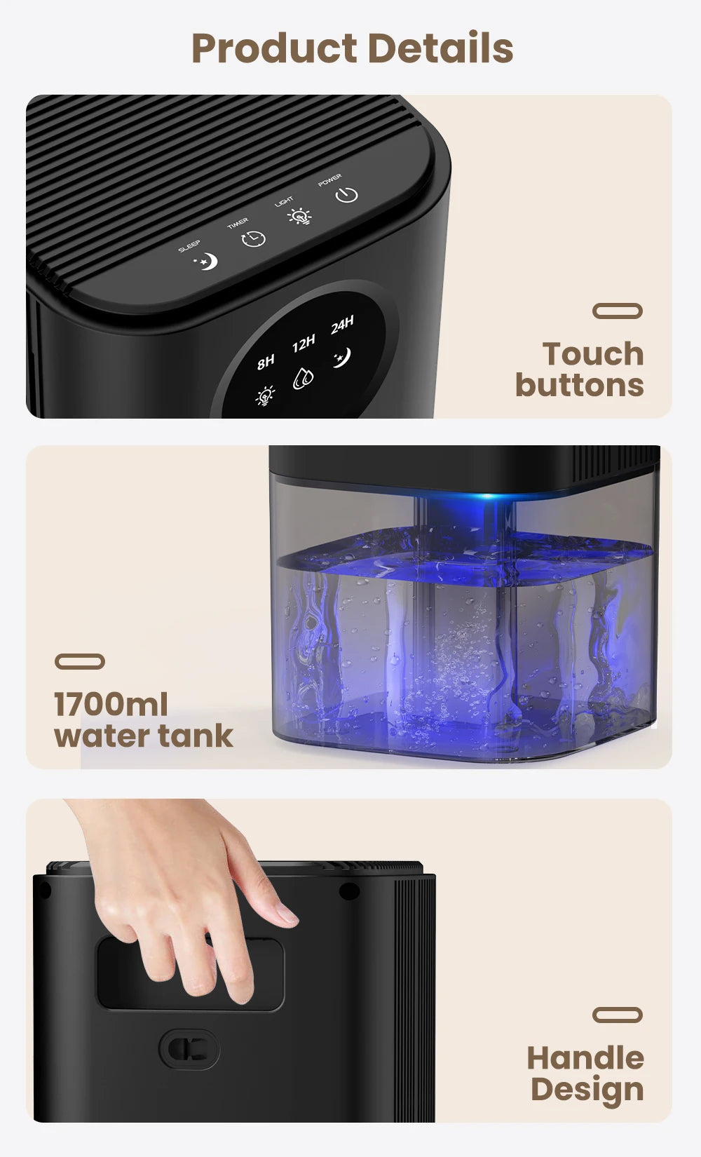 Portable Dehumidifier With 35 Ounces Capacity, Silent Operation, With Romantic Colorful Lights, Timer Switch