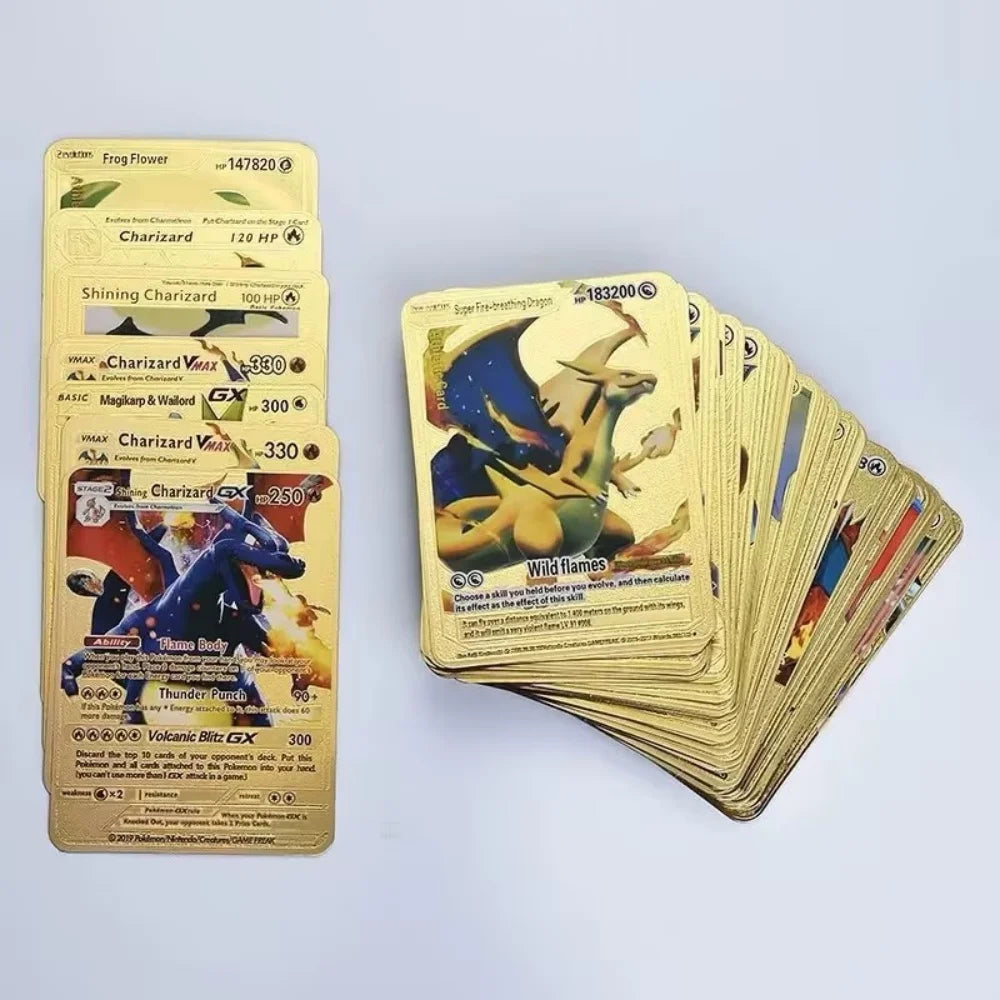 10-55Pcs Pokemon Gold Foil Cards Golden Letters English Spanish French German Game Card Metalicas Charizard Vmax Gx Series