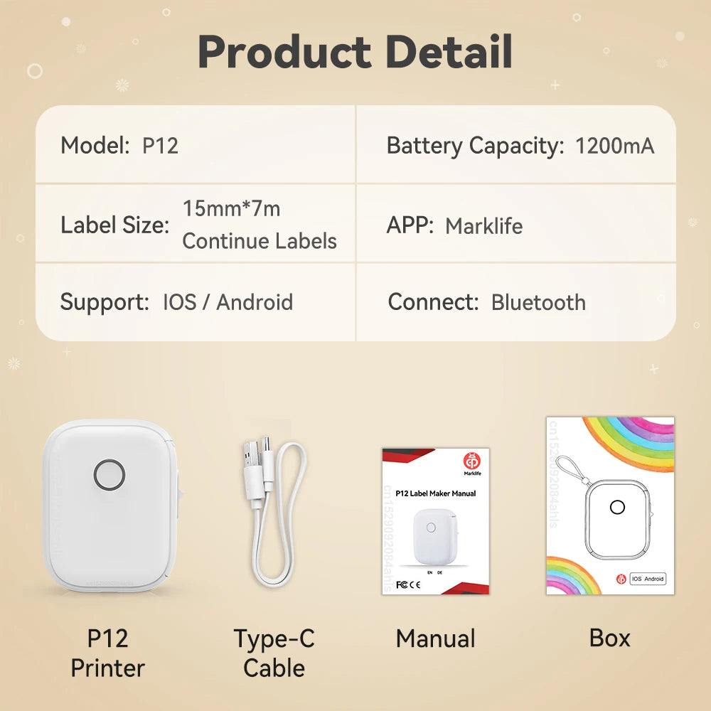 Portable Mini Printer Thermal Printer Adhesive Sticker Labelling Machine P12