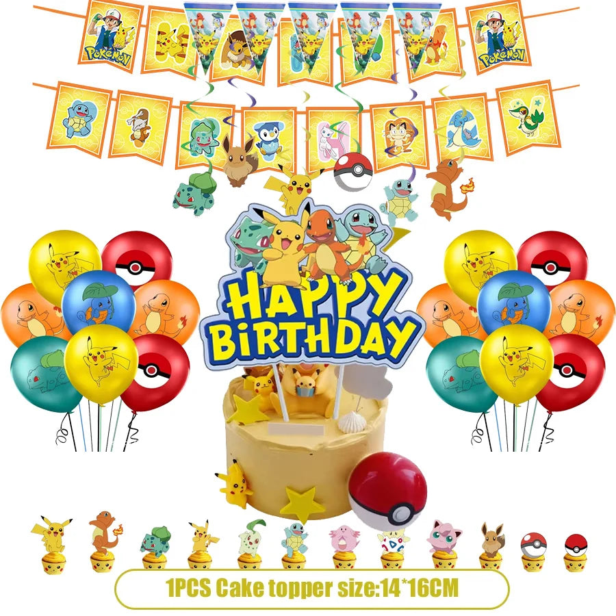 Pikachu Birthday Party Supplies Pokemon Decorations Favor Gifts - Foil Balloons Disposable Stickers Bracel Banner for Fan Events