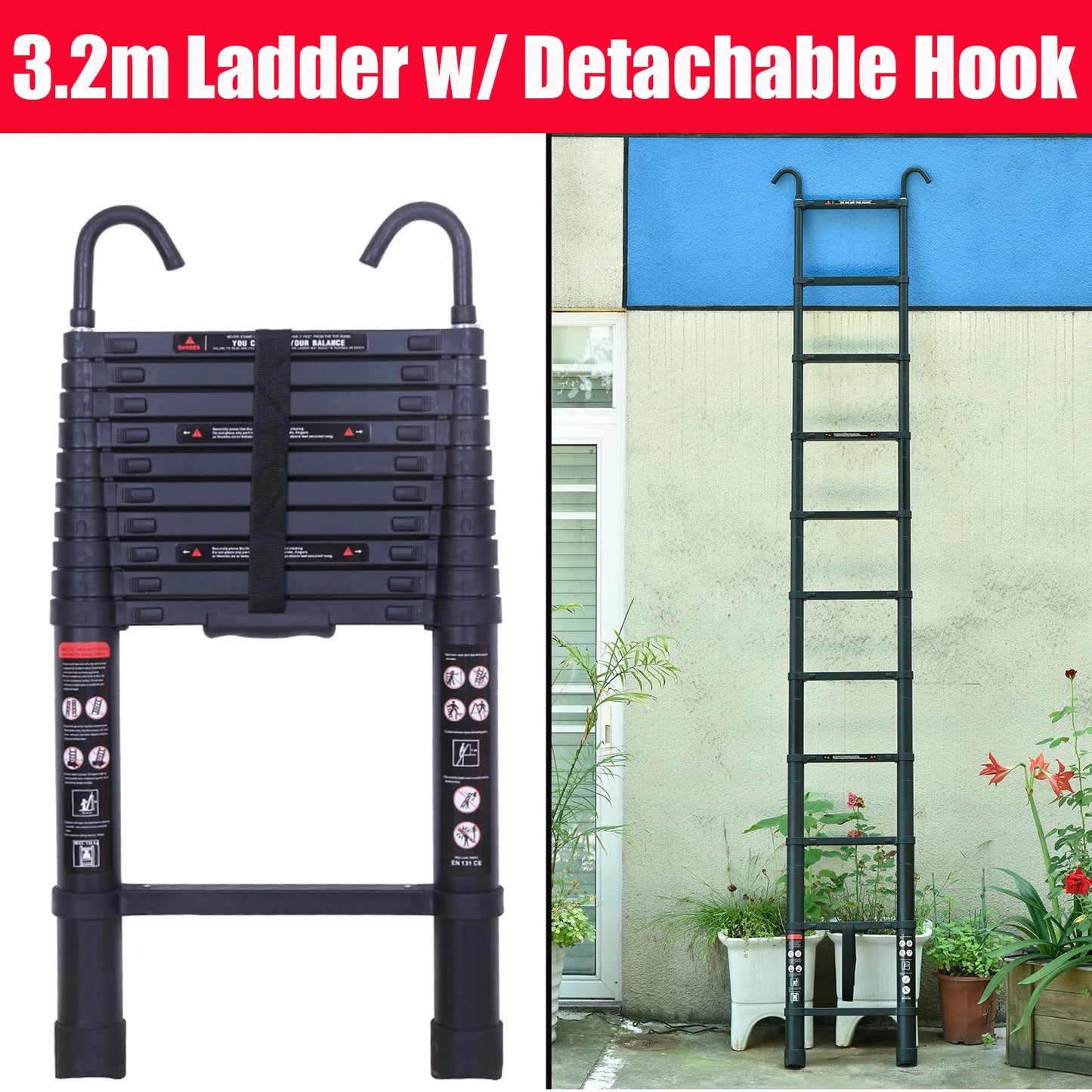 Telescopic Ladder 2.6m-6.2m, Portable Extendable Multi-Purpose Folding Aluminium Ladder Heavy Duty Extension Step