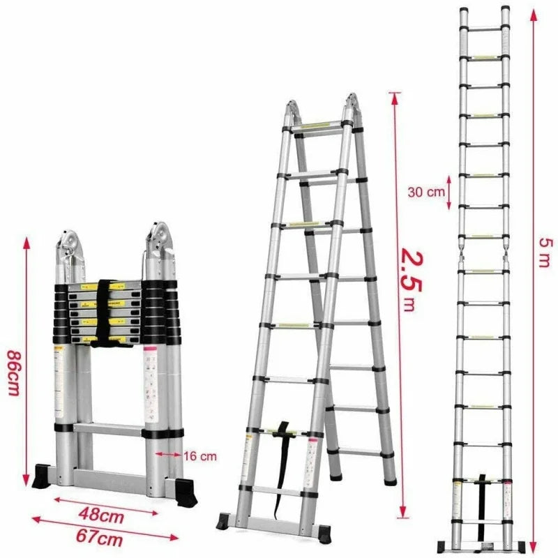 Heavy Duty Steel Telescopic Ladder 3.8m/5m A-Frame, 150kg Load Anti-Slip Stable w Stabilisers