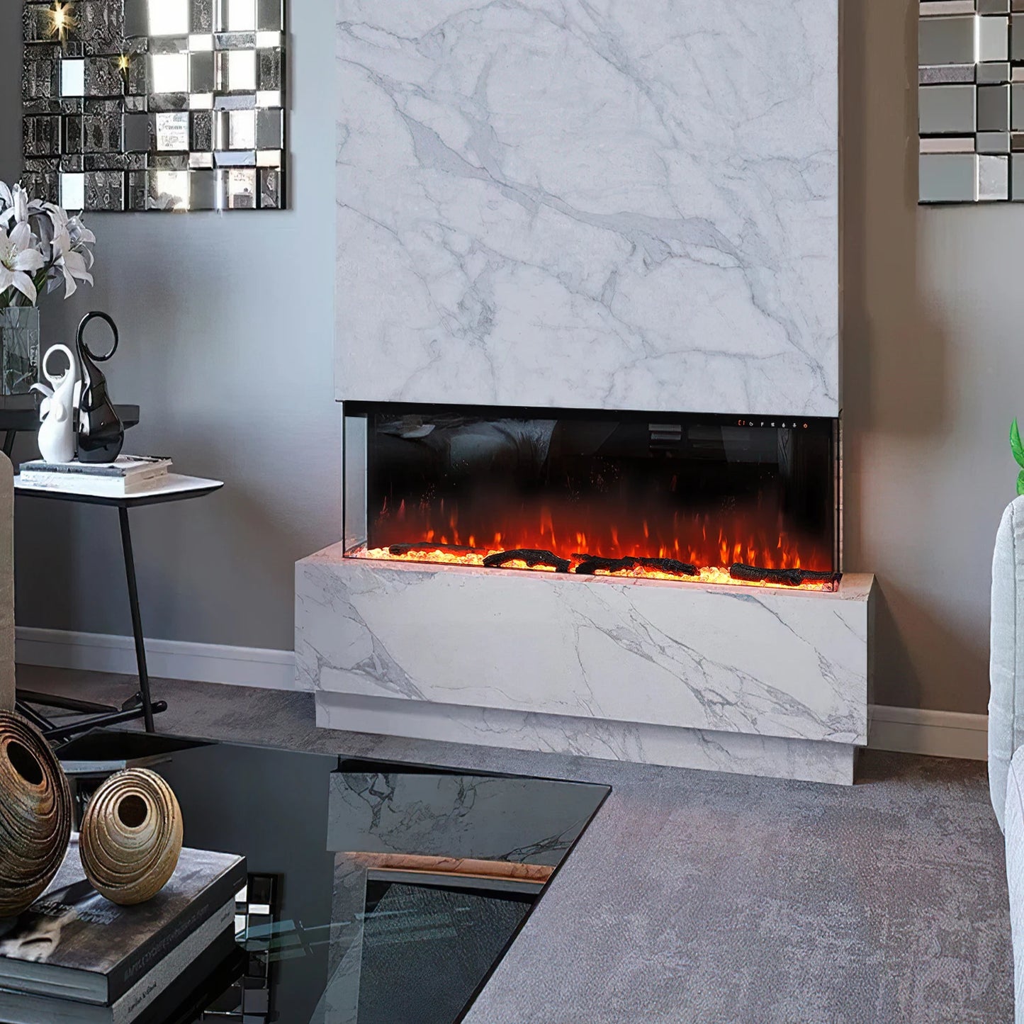 Recessed/Freestanding 3-sided Tempered Glass Front Electric Fireplace, 12 Flame Colors, 1500W 40&50 Inch