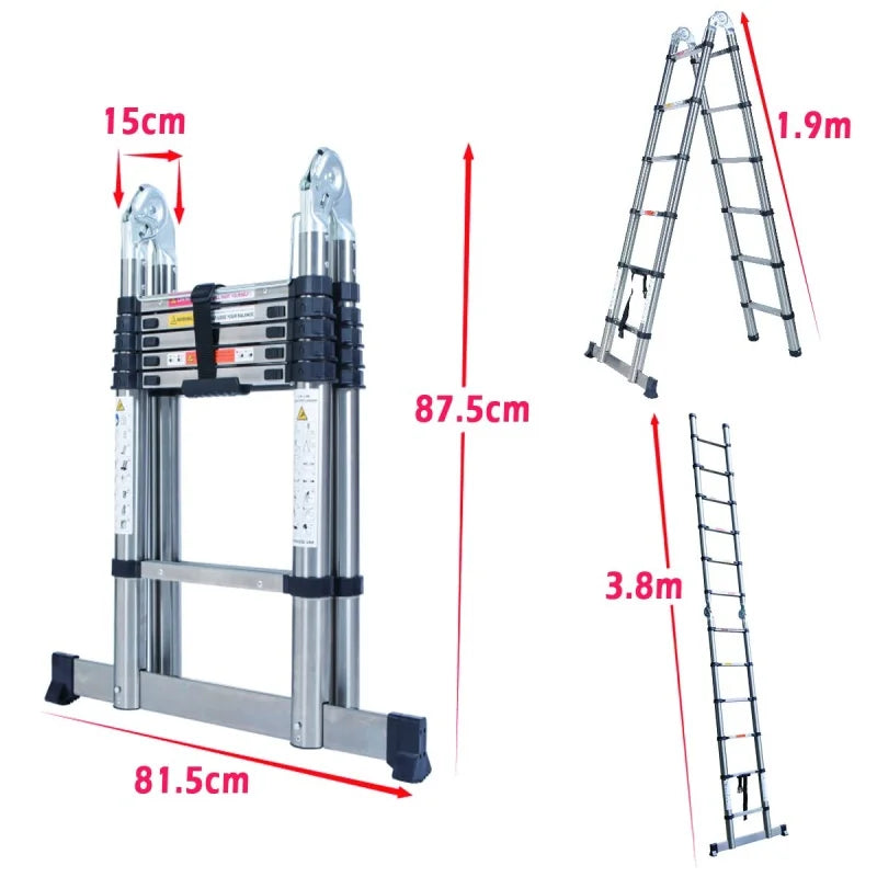 Heavy Duty Steel Telescopic Ladder 3.8m/5m A-Frame, 150kg Load Anti-Slip Stable w Stabilisers