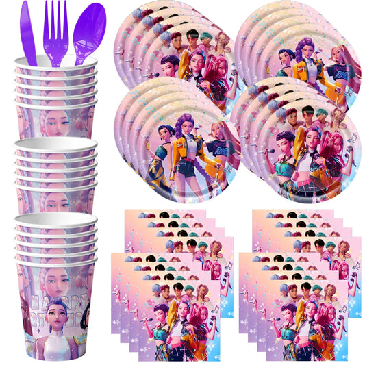K-Ppop Demon Hunter Disposable Tableware Set Paper Cups Plates Cake Topper Birthday Supplies Favors Gift Bag Christmas