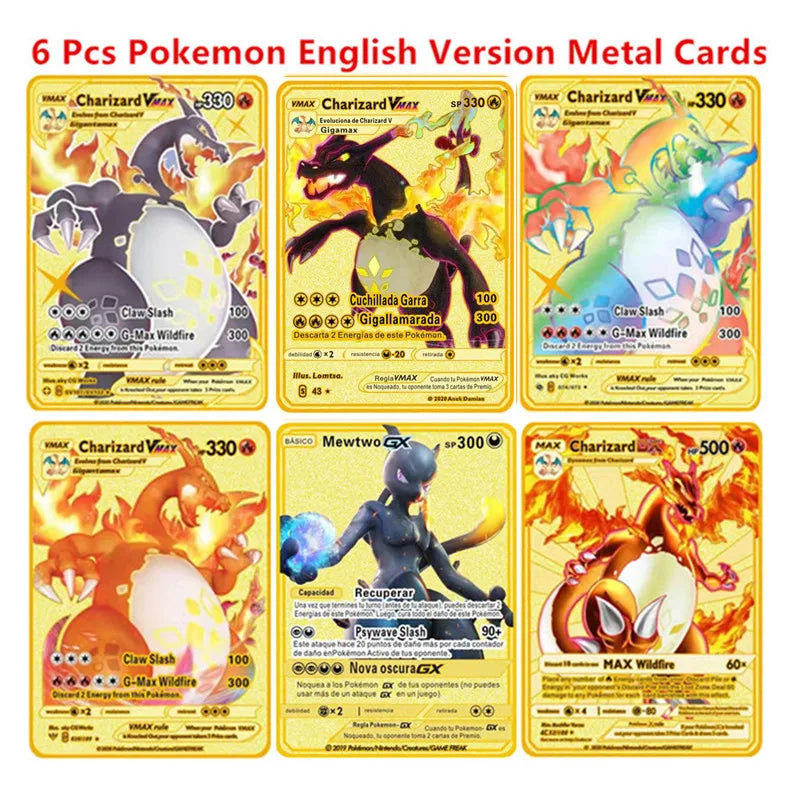 Pokemon English Metal Card Anime Pikachu Charizard Mewtwo Blastoise Vmax Shiny Letters Collection