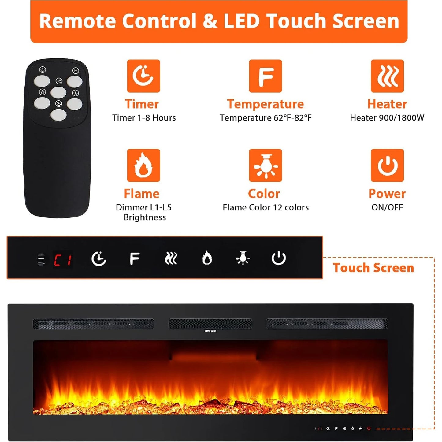 40/50/60 Inch Electric Fireplace Wall Mounted Electric Fires 900W/1800W 2 Heat Setting, 12 Adjustable Flame Color For Home Office