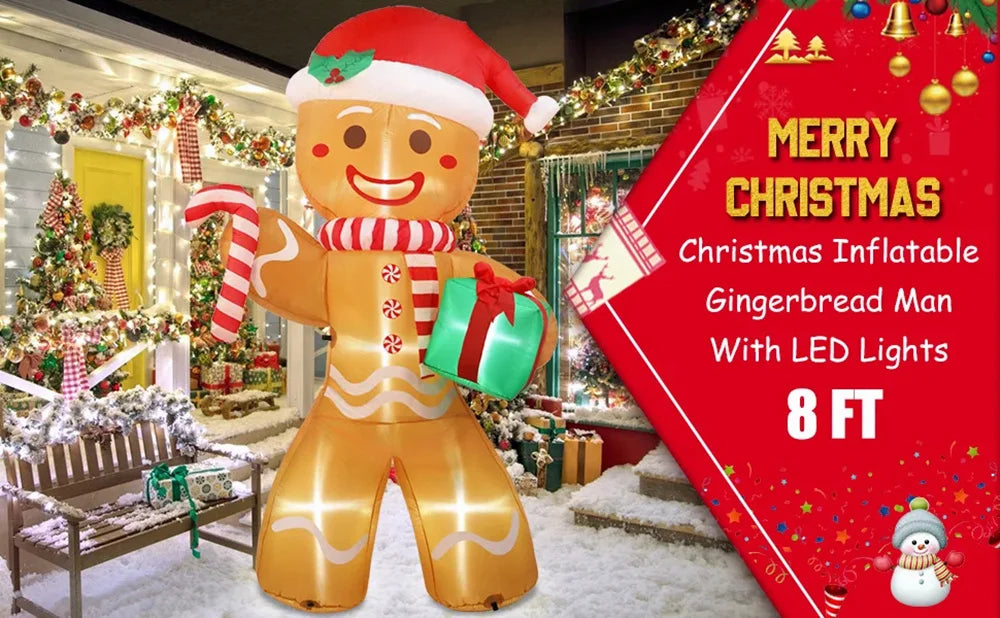 8FT/2.4M Christmas Inflatables Gingerbread Man with Gift Pack Xmas Yard Decorations