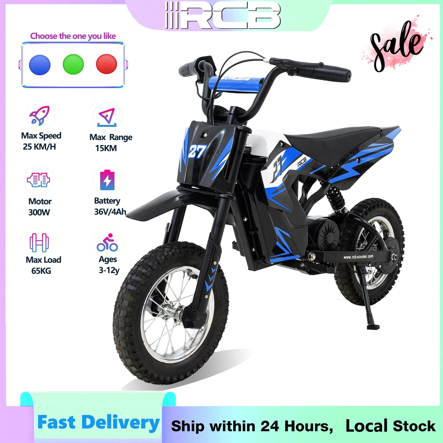 RCB Kids Electric Motorbike for Children, Up to 15.5 MPH & 9.3 Mile Range with 36V 4Ah Motor