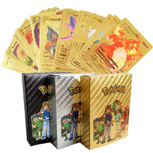 10-55Pcs Pokemon Gold Foil Cards Golden Letters English Spanish French German Game Card Metalicas Charizard Vmax Gx Series