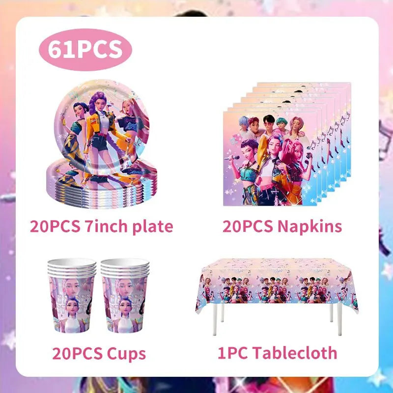 NEW Kpop Demon Hunter Decoration Birthday Supplies Kpop Birthday Theme Ballons Plate Cup Napkin Gift Bag Background Party Favor