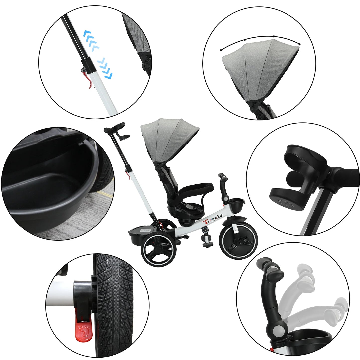 Ubravoo Baby Stroller Tricycle Ride Bike , 5-in-1, Adjustable Canopy, Sitting & Lying, Celerity Disassembly & Assembly, 1-5 Years