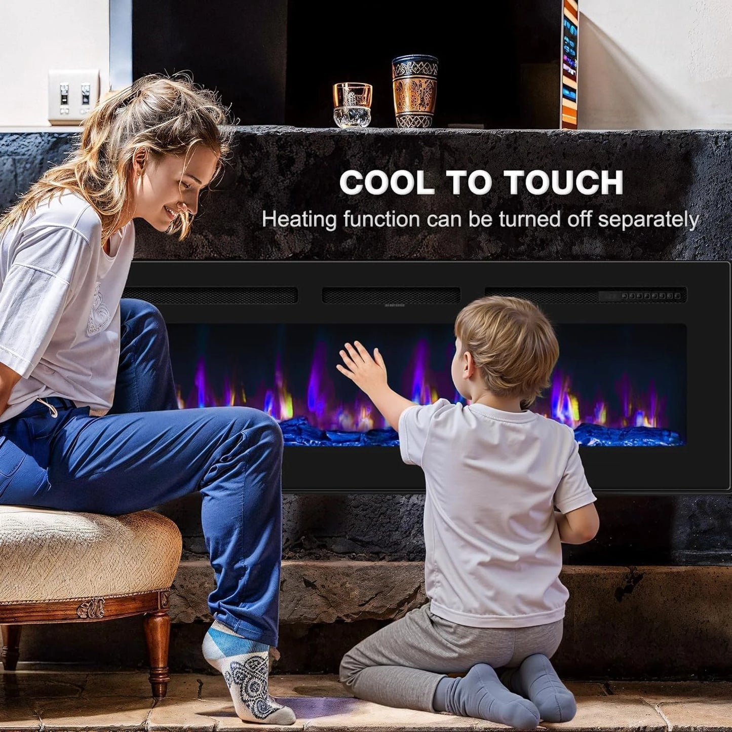 40/50/60 Inch Electric Fireplace Wall Mounted Electric Fires 900W/1800W 2 Heat Setting, 12 Adjustable Flame Color For Home Office