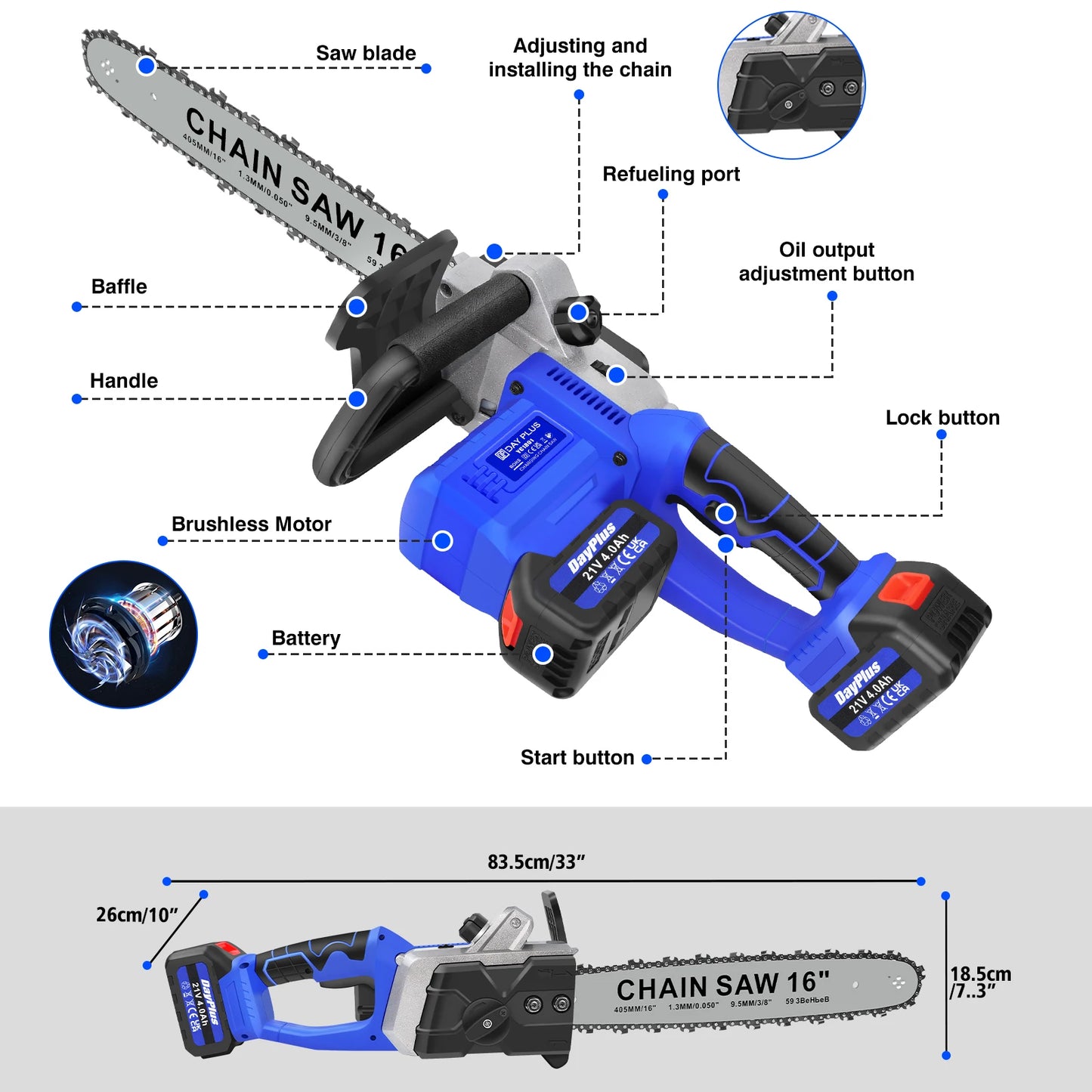 16 Inch Cordless Electric Chainsaw with 2 Battery and Charger,Brushless Handheld for Wood Cutting, Tree Pruning