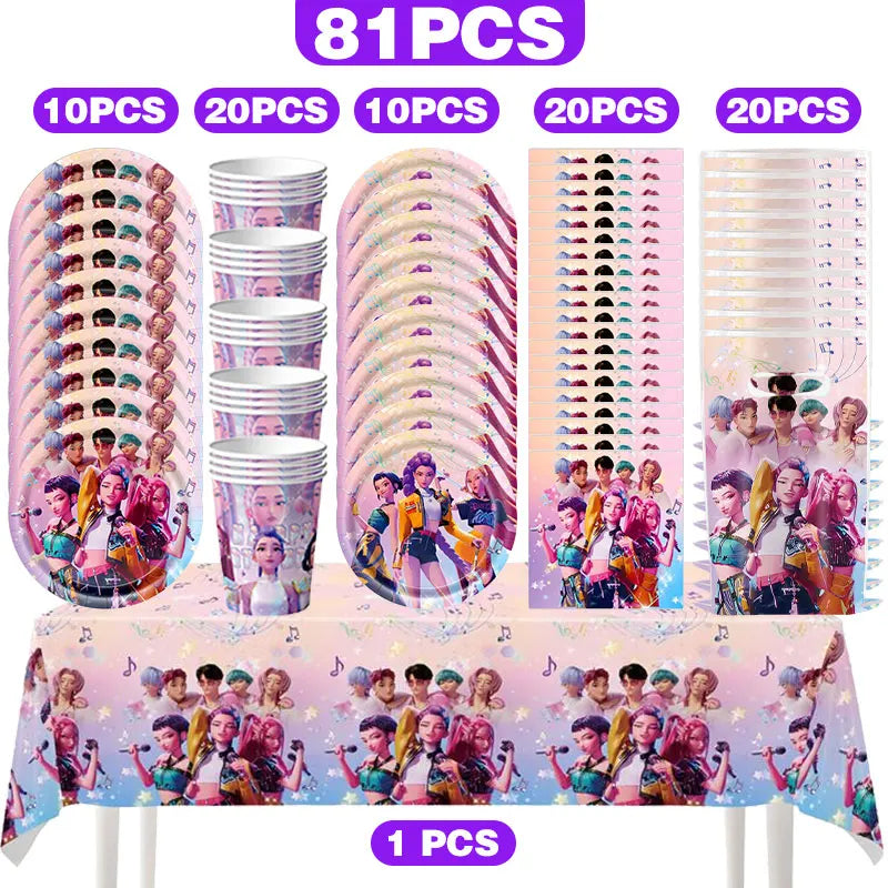 NEW Kpop Demon Hunter Decoration Birthday Supplies Kpop Birthday Theme Ballons Plate Cup Napkin Gift Bag Background Party Favor