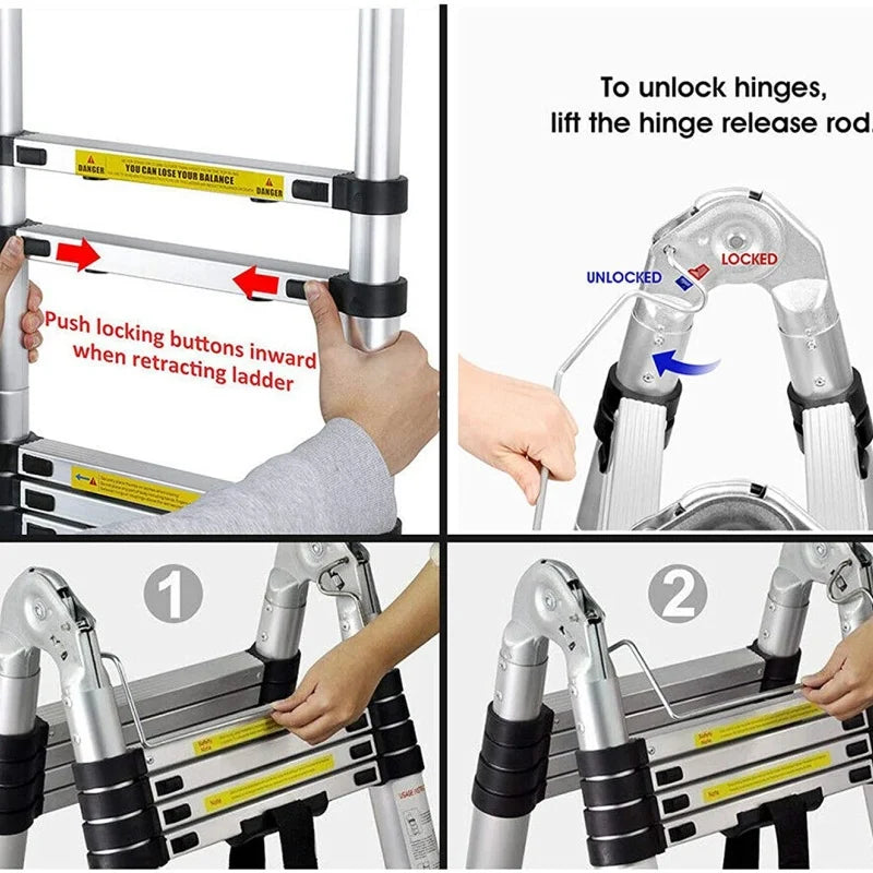 Heavy Duty Steel Telescopic Ladder 3.8m/5m A-Frame, 150kg Load Anti-Slip Stable w Stabilisers