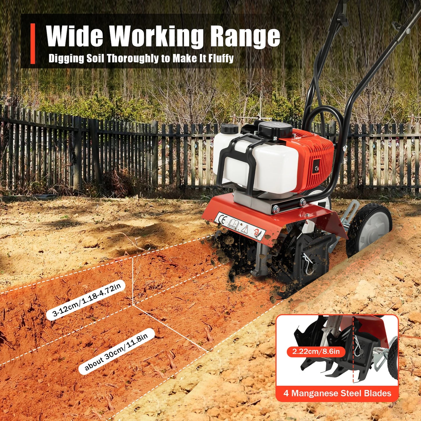 Powerful 52CC 1700W Garden Gasoline Tiller Cultivator Loosening Soil Machine