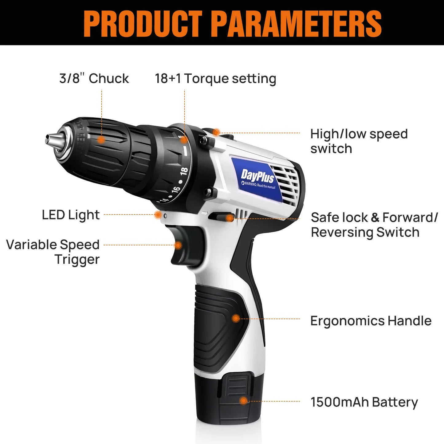 12V Cordless Drill Combo Cutter Electric Screwdriver Kit, 2 Variable Speed 18 + 1 Torque Setting, 23 Drill/Screwdriver Bits