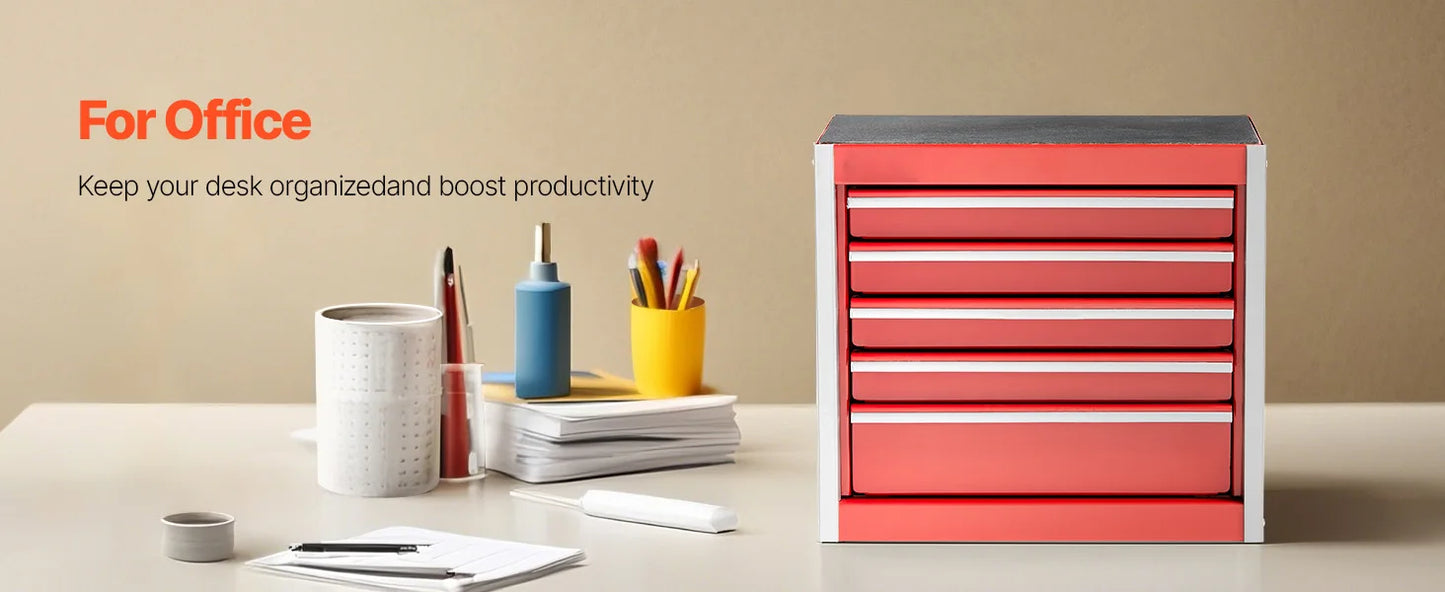 5-Drawer 8.6in Metal Tool Box Red/Black Portable Small Tool Chest with PP Feet Pads for Garage Workshop Tools Storage