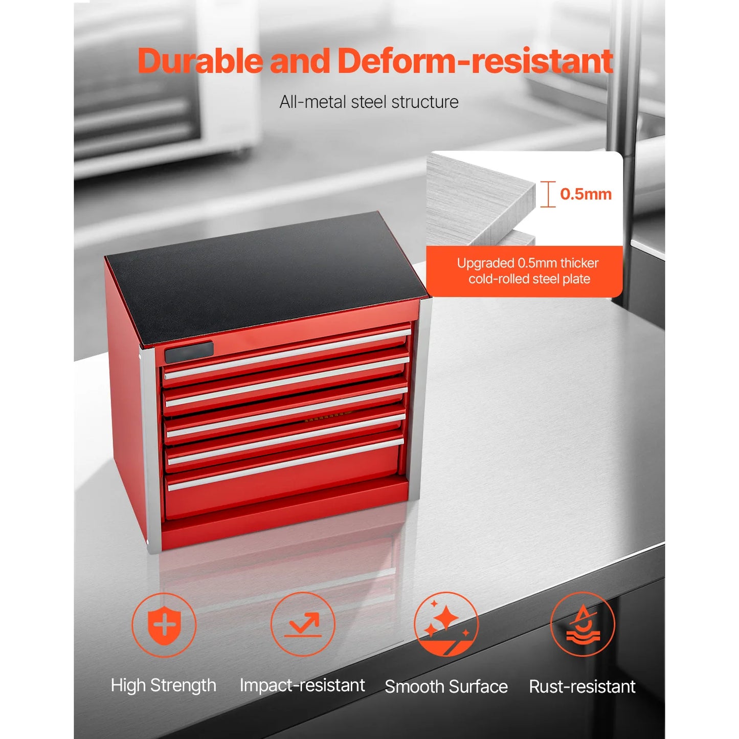 5-Drawer 8.6in Metal Tool Box Red/Black Portable Small Tool Chest with PP Feet Pads for Garage Workshop Tools Storage