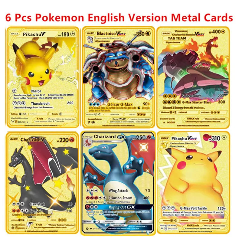 Pokemon English Metal Card Anime Pikachu Charizard Mewtwo Blastoise Vmax Shiny Letters Collection