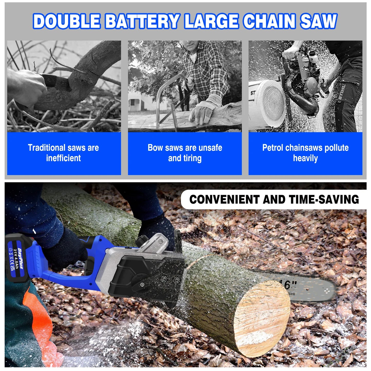 16 Inch Cordless Electric Chainsaw with 2 Battery and Charger,Brushless Handheld for Wood Cutting, Tree Pruning
