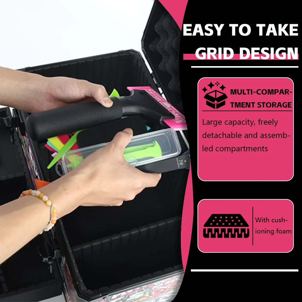 KUNAISI Graffiti Large Aluminum Alloy Toolbox Durable Multi Functional Double layer adjustable size storage box 43*23*24.5cm