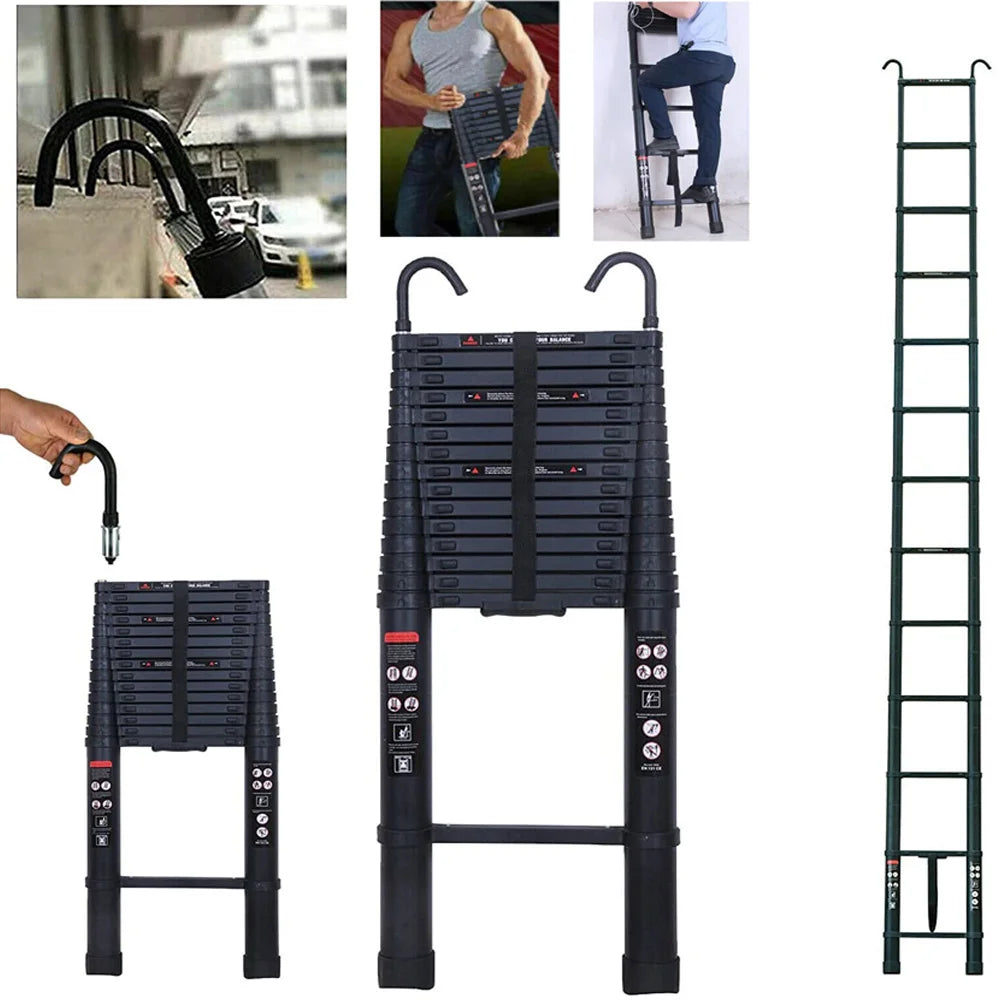 6.2M Heavy Duty Telescopic Ladders With Hooks 14 Steps Aluminum Extending Roof Ladder for Multi-Purpose Use