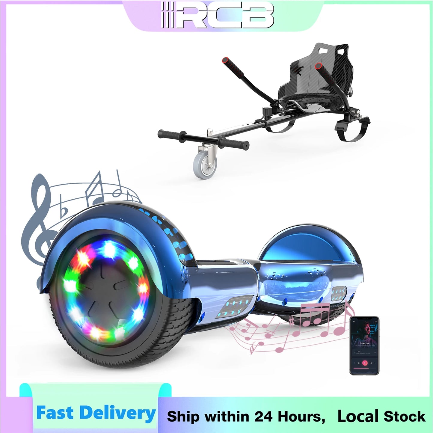 RCB 6.5-Inch Hoverboard with Go-Kart, Non-Slip Tire, LED Lights, Built-in Safety System, Electric Hoverboard for Kids & Adults