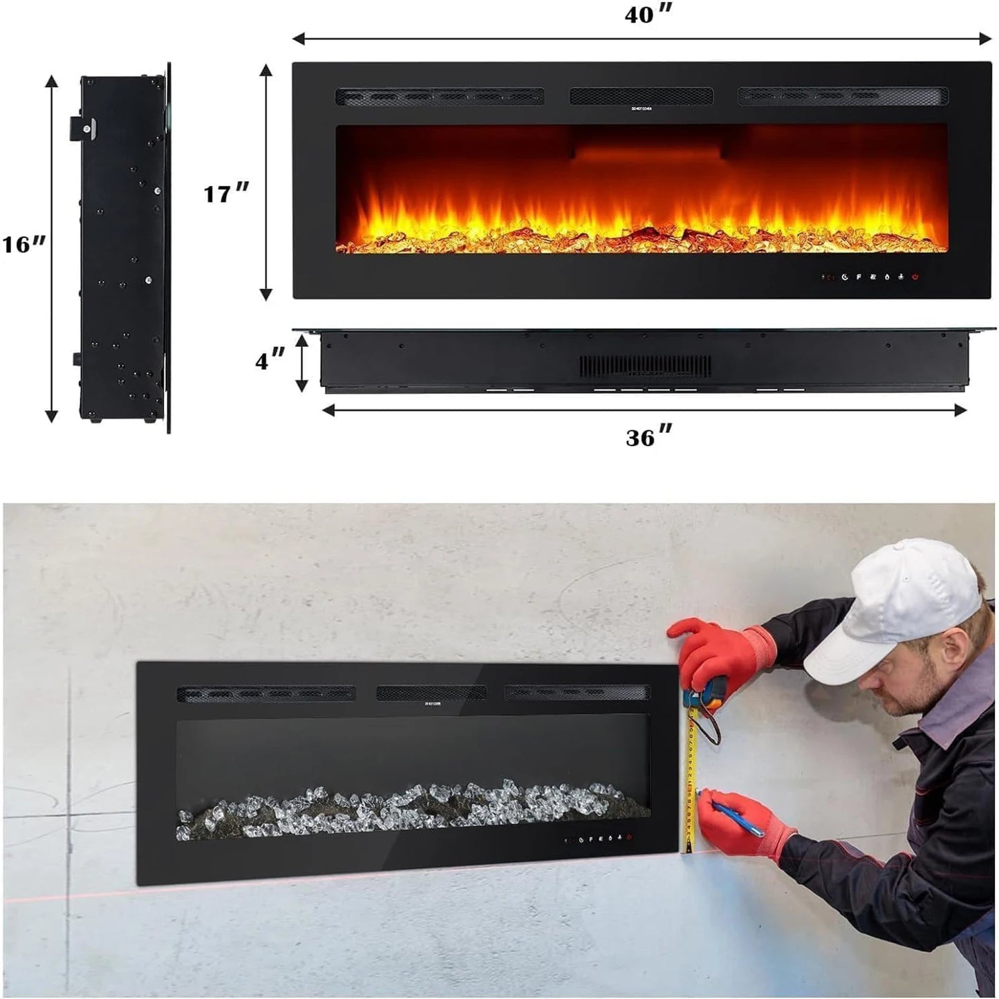 40/50/60 Inch Electric Fireplace Wall Mounted Electric Fires 900W/1800W 2 Heat Setting, 12 Adjustable Flame Color For Home Office