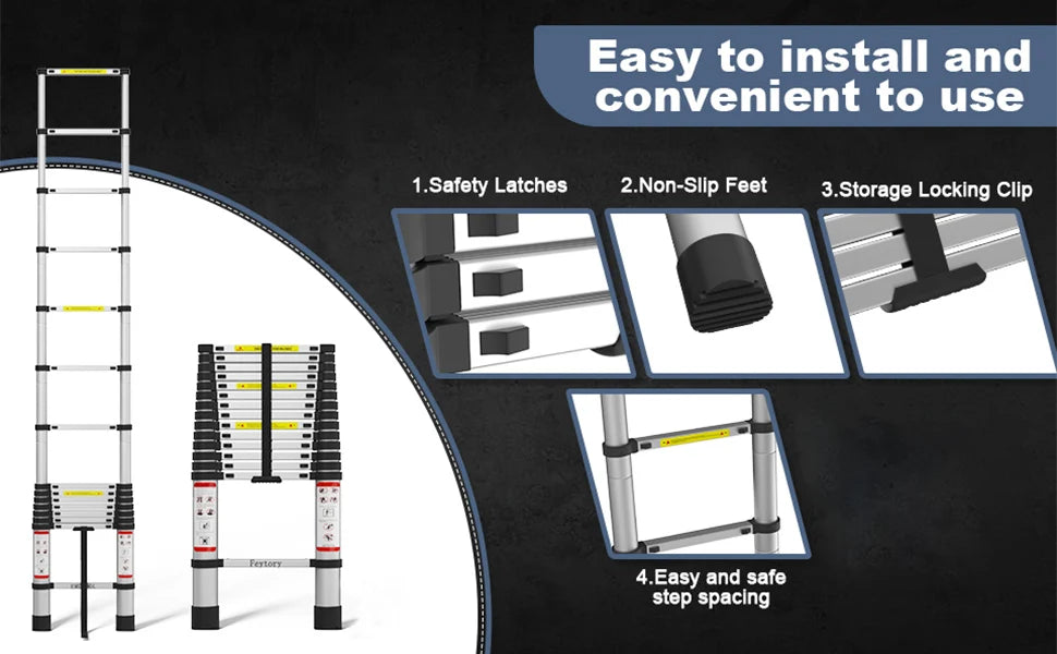 Multi-Size Aluminium Telescopic Ladder with Non-Slip Feet,Adjustable Lightweight Ladder