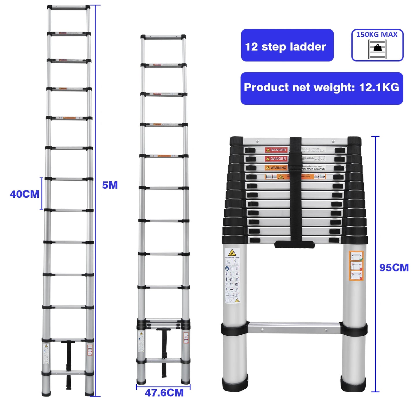 Multi-Size Aluminium Telescopic Ladder with Non-Slip Feet,Adjustable Lightweight Ladder