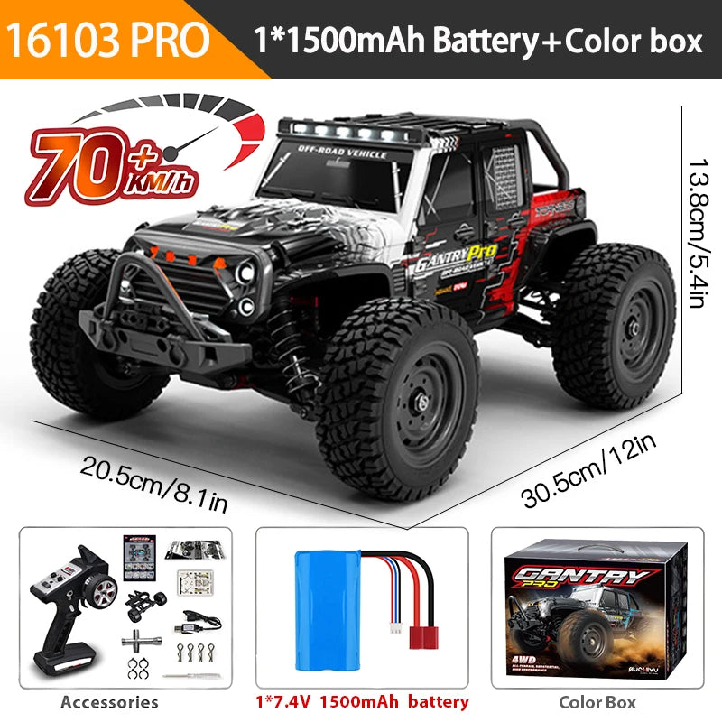 70KM/H Professional RC Car: Brushless Motor, 1:16 Scale 4WD High-Speed Off-road Climbing Vehicle W LED Light