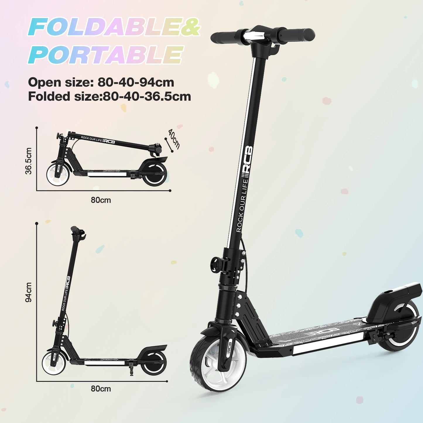 RCB R12 Electric Scooter for Kids Age 6-12, Rainbow Lights, 6.5" Foldable E Scooter, LED Display, Lightweight