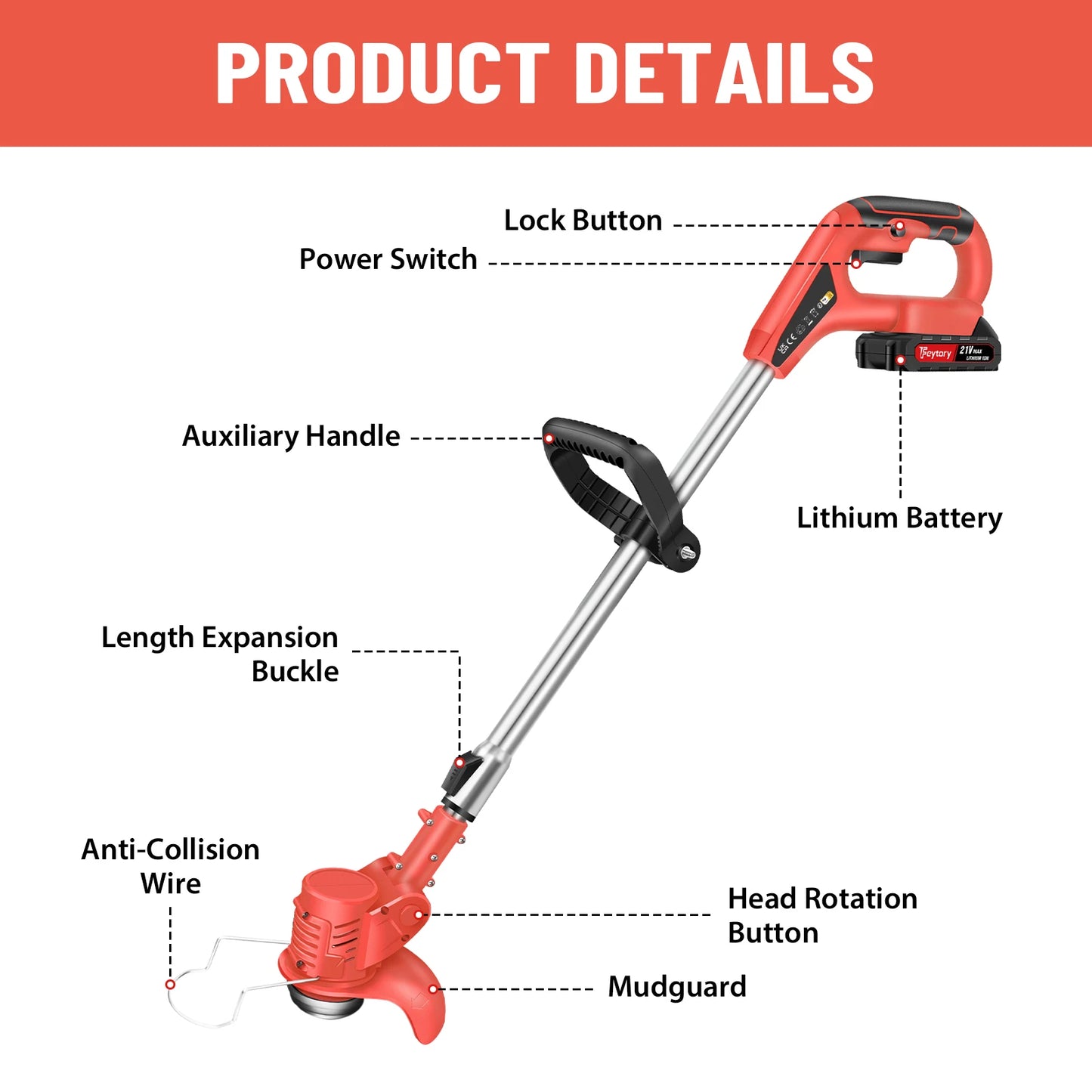 21V Cordless Weed Wacker 3 in 1 Rechargeable Electric for Lawn Garden Yard,With Battery,Red