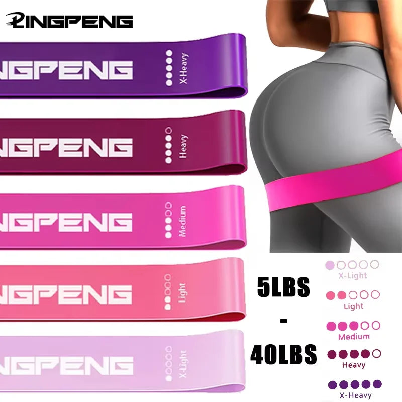 Resistance bands with 'QINGPENG' branding and a person wearing a gray outfit with a pink band.