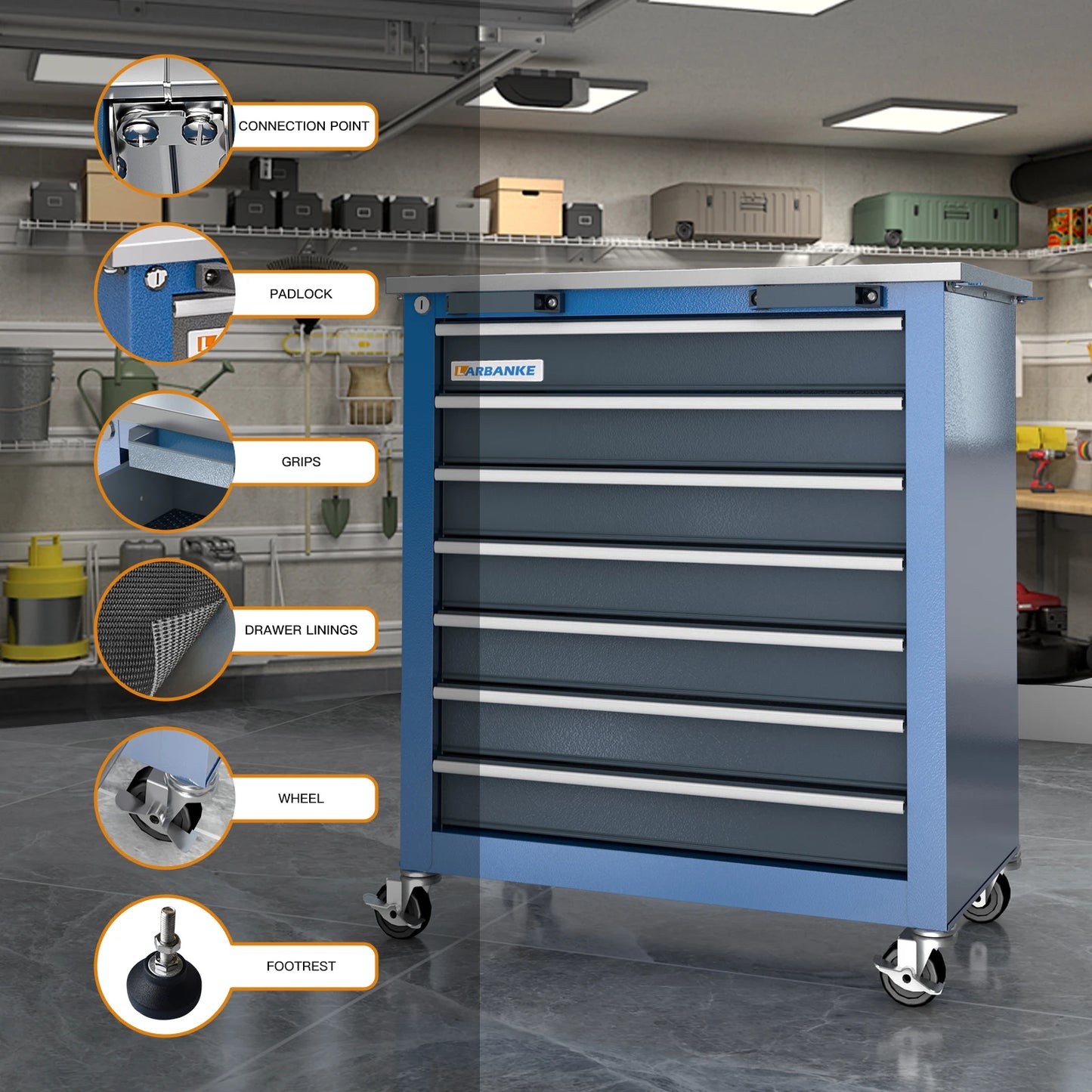 7-Drawer Rolling Tool Chest Toolbox,with 360° Lockable Wheels and Padded Feet,can be Combined Storage System with Tool Chest