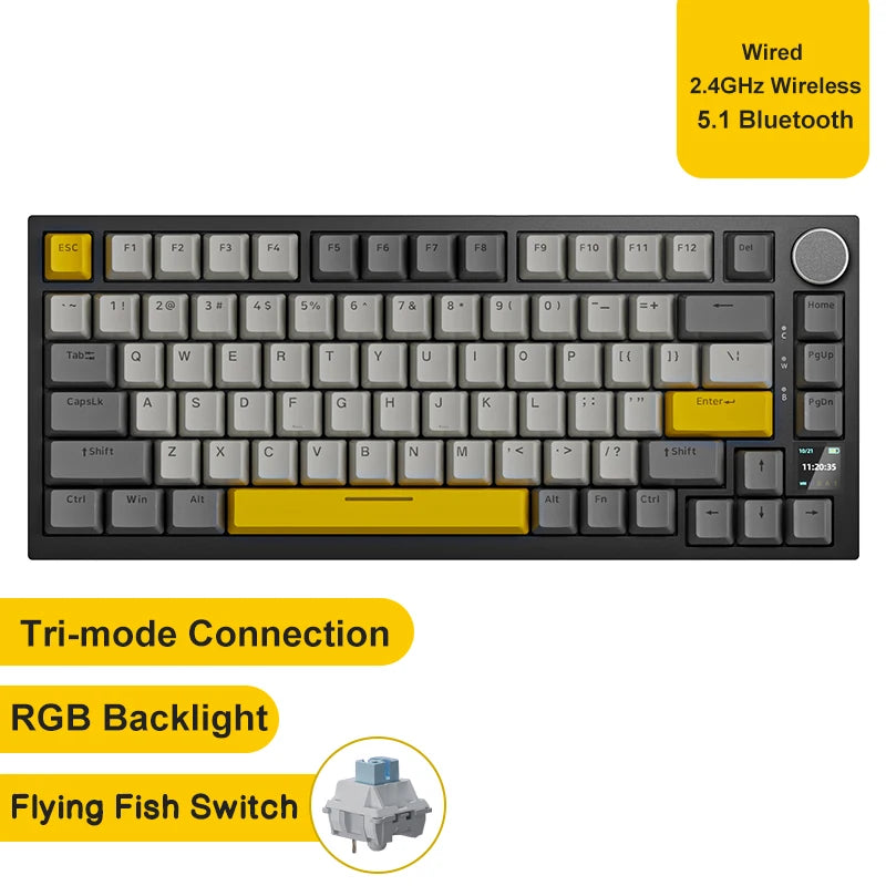 Pro Gaming Mechanical Keyboard Bluetooth 5.1/Wireless/C-Wired Customised Keyboard with Knob Hot Swapping Gasket
