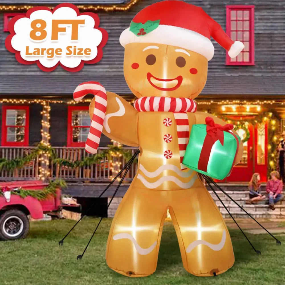 8FT/2.4M Christmas Inflatables Gingerbread Man with Gift Pack Xmas Yard Decorations