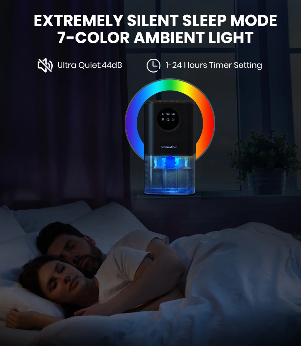 Portable Dehumidifier With 35 Ounces Capacity, Silent Operation, With Romantic Colorful Lights, Timer Switch