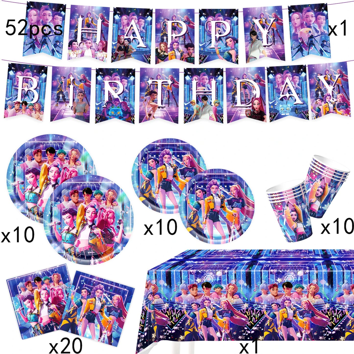 K-Ppop Demon Hunter Themed Birthday Disposable Paper Tableware with Cups Plates Cake Topper Favors BalloonGift Bag for Christmas