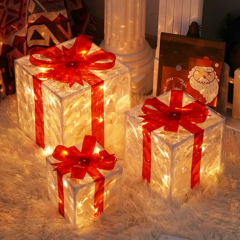 Christmas Glowing Gifts Box Decoration Ornament With Bow Lighting Box Outdoor Light Lighting Xmas New Year