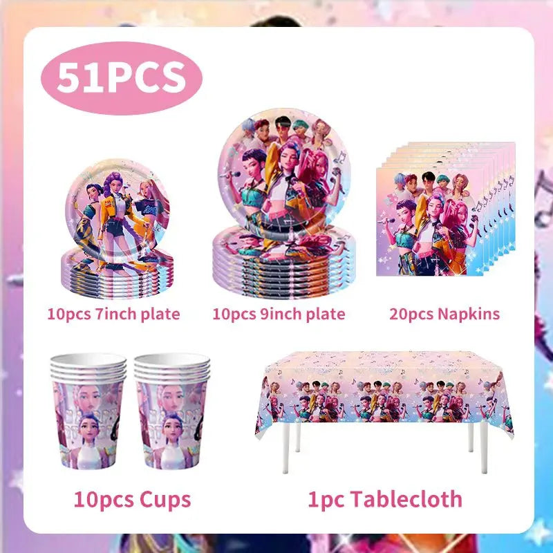 NEW Kpop Demon Hunter Decoration Birthday Supplies Kpop Birthday Theme Ballons Plate Cup Napkin Gift Bag Background Party Favor