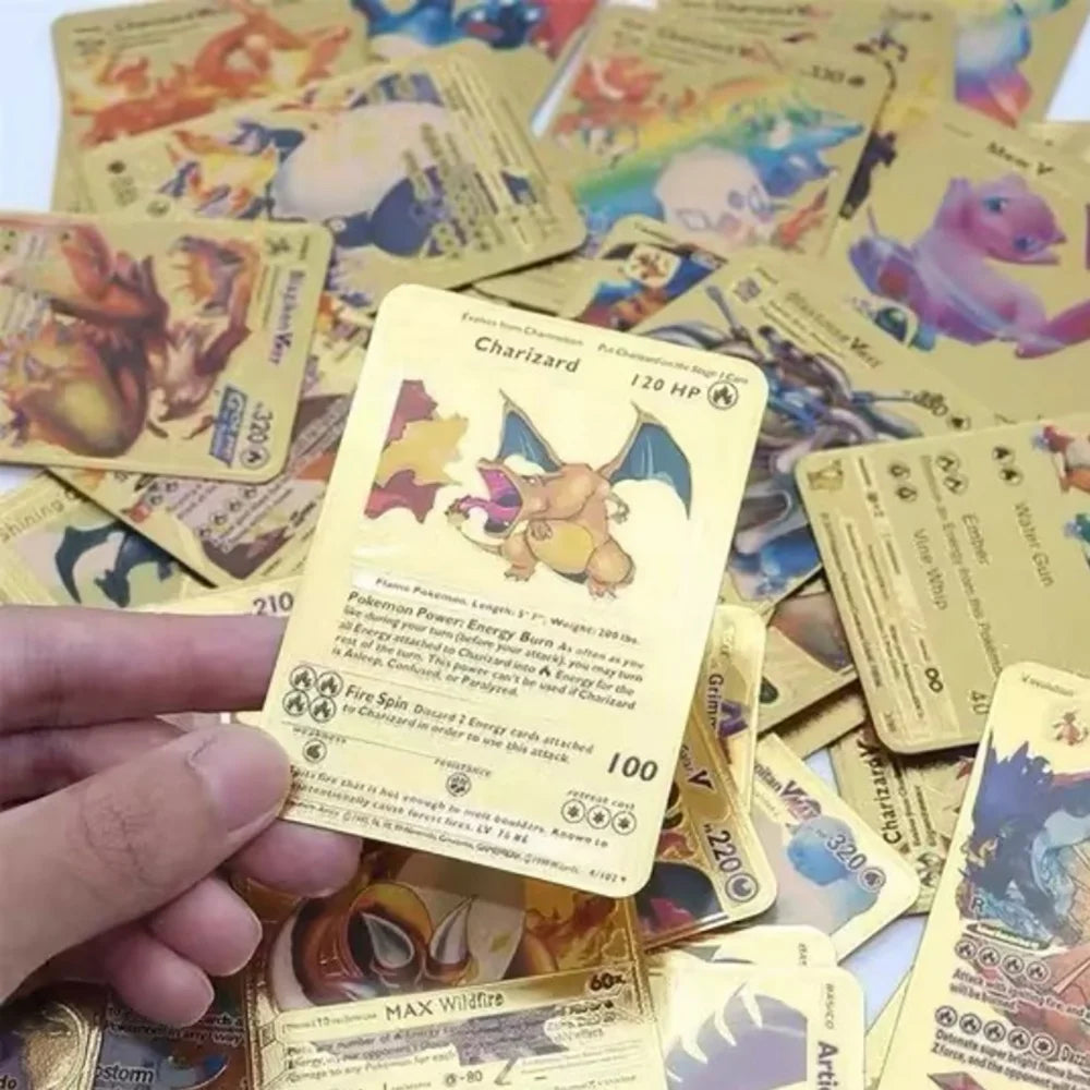 10-55Pcs Pokemon Gold Foil Cards Golden Letters English Spanish French German Game Card Metalicas Charizard Vmax Gx Series