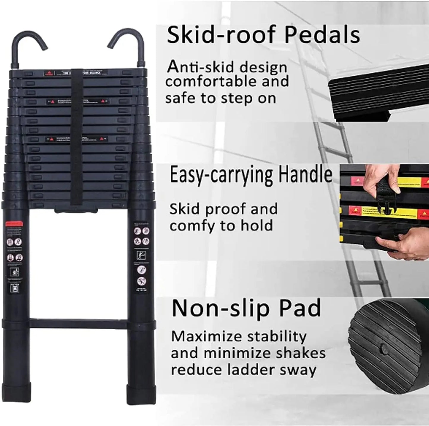 6.2M Heavy Duty Telescopic Ladders With Hooks 14 Steps Aluminum Extending Roof Ladder for Multi-Purpose Use