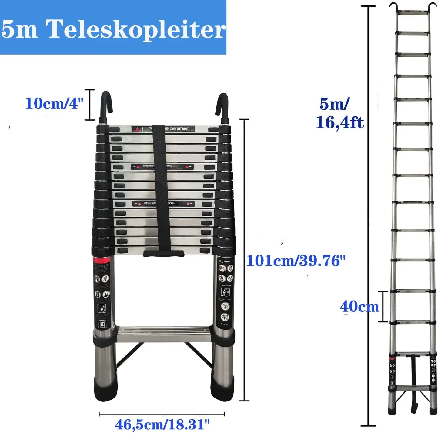 Telescopic Ladder 5M/16.4FT Multi-Purpose Folding Ladder with Hooks, Extendable Loft Ladder Portable Collapsible Ladder, EN131